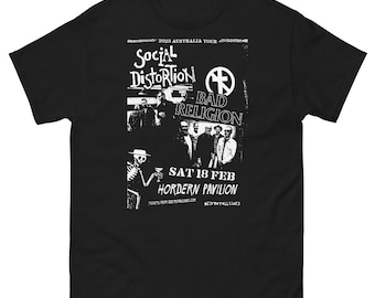 May include: Black and white concert poster for Social Distortion and Bad Religion. The poster features a skull holding a martini glass and the text "2023 Australia Tour", "Social Distortion", "Bad Religion", "Sat 18 Feb", "Hordern Pavilion", "Tickets from Australiatickets.com", and "Bestway All Cities".