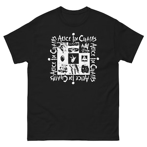 May include: Black t-shirt featuring a white graphic of the band Alice in Chains. The graphic is a collage of images from their albums, including a heart, a goat, and a skull. The band's name is repeated around the graphic.
