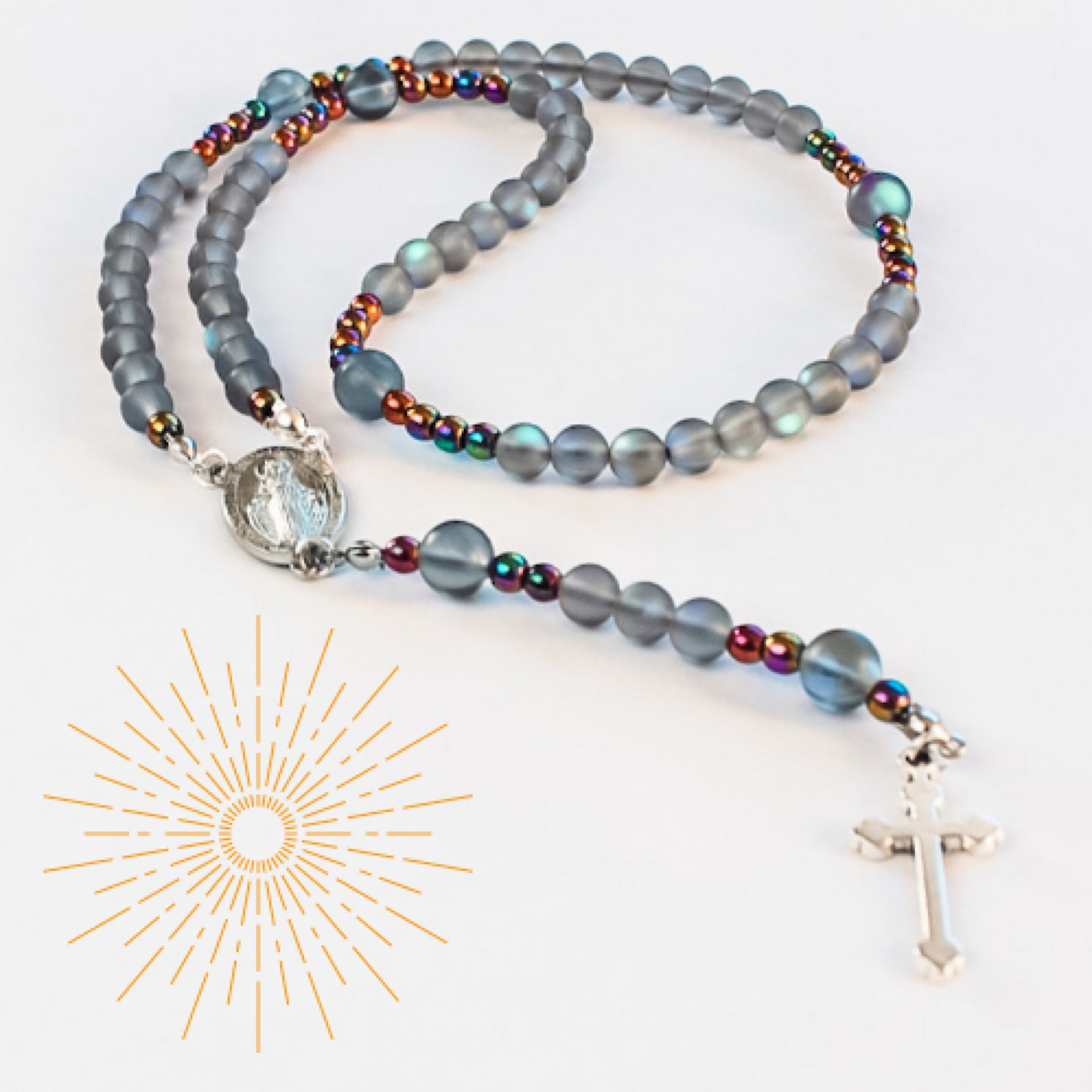 Chapelet Catholique en Perles Cristal et Hématites/Rosaire Kitsch Bijou Féerique