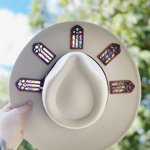 Stained Glass Hat, Wide Brim Hat, Fedora Hat, Panama Hat, Stained Glass Art, Sun Catcher Hat, Laser Cut, Cottage Core, Witchy Hat