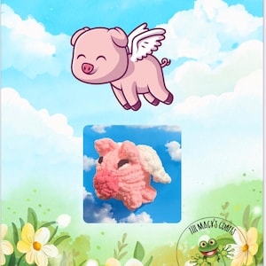 May include: A tutorial for knitting a chunky knit flying pig. The image shows a cartoon pig with wings flying in the sky, and a knitted pig with a white wing. The text "Chunky Knit Flying Pig Tutorial" is at the top of the image.