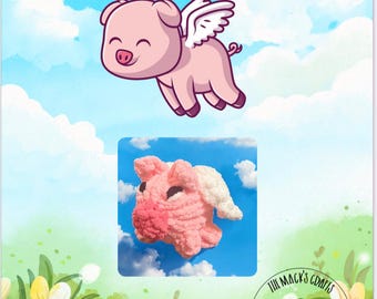 Op de afbeelding: Een tutorial voor het breien van een dik gebreid vliegend varken. De afbeelding toont een cartoon varken met vleugels dat in de lucht vliegt, en een gebreid varken met een witte vleugel. De tekst "Chunky Knit Flying Pig Tutorial" staat bovenaan de afbeelding.