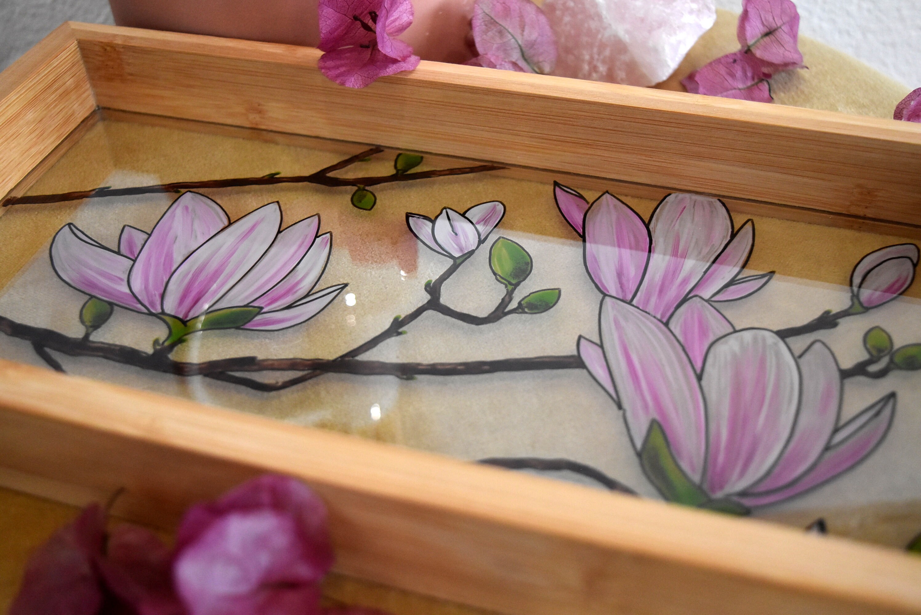 Plateau Rectangulaire en Verre et Bambou Pour Cadeau Décoration Motif Magnolias Fleurs