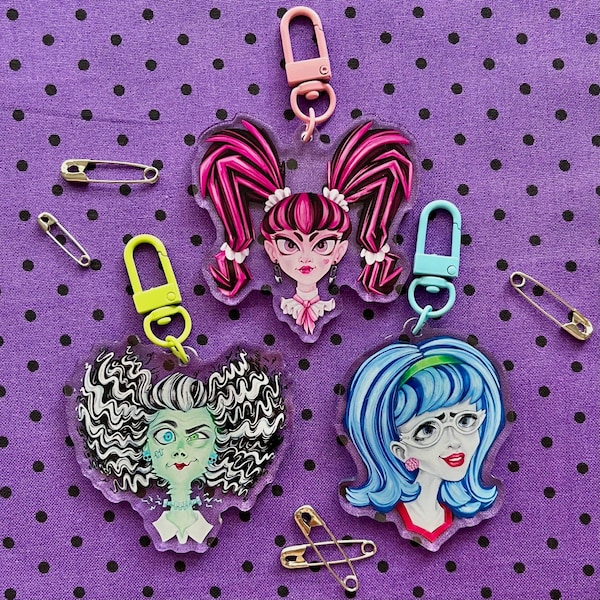 Monster High Keychain 2.5" Draculaura, Frankie Stein, Ghoulia "Monster Hair" Series