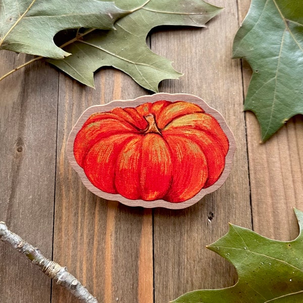 Wooden Pumpkin Pin 2" Halloween Brooch