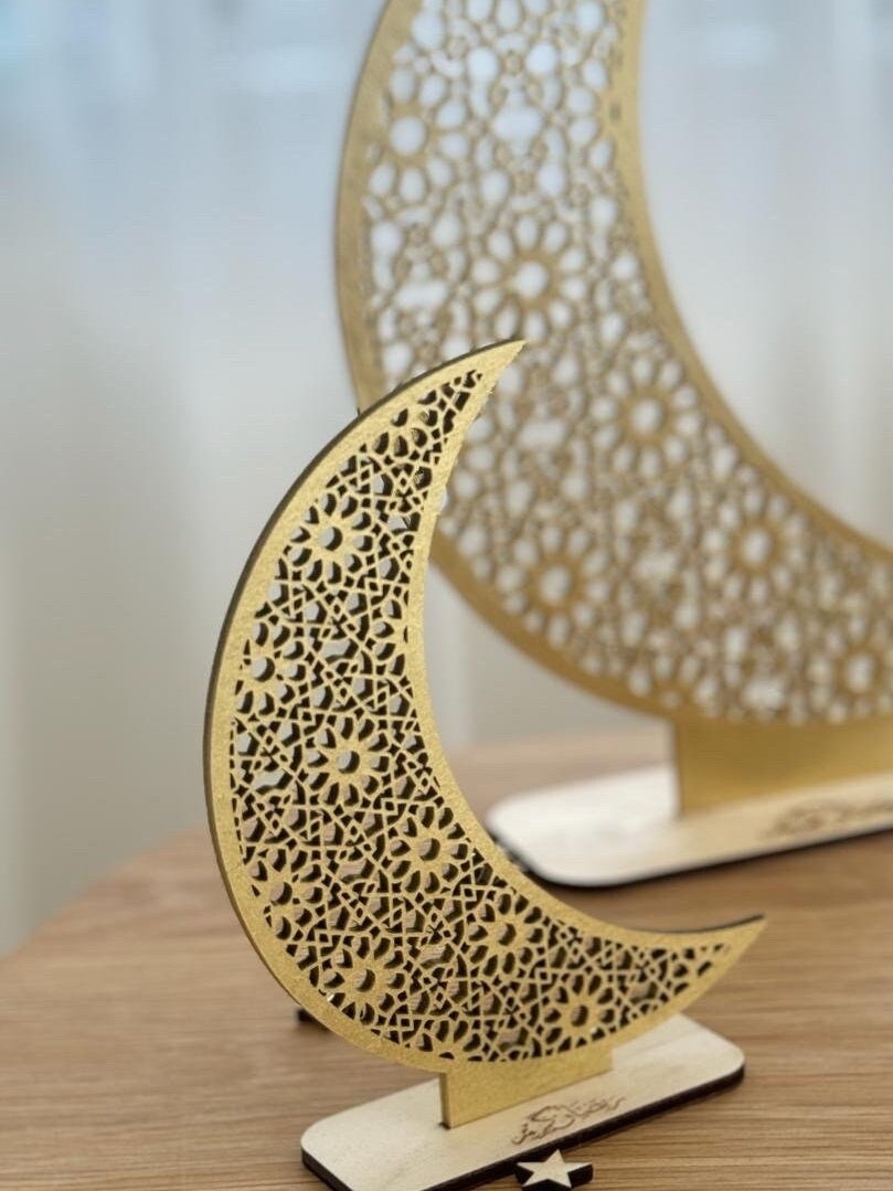Happy Eid Ramadan Kareem: small magic moon handmade by an Arabic artist Eid Mubarak with stand in 3 colors