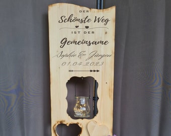 Holzaufsteller,  Holz Deko Schild  Holzschild Eingangsschild mit Leuchtglas oder Solarlampe, Zur Hochzeit ...der schönste Weg ist der...