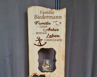 Holzaufsteller,  Holz Deko Schild  Holzschild Eingangsschild mit Leuchtglas oder Solarlampe, Familie ist der Anker...