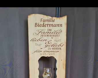 Holzaufsteller,  Holz Deko Schild  Holzschild Eingangsschild mit Leuchtglas oder Solarlampe, Eine Familie zu sein bedeutet...