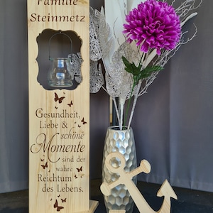 Holzaufsteller, Holz Deko Schild Holzschild Eingangsschild mit Leuchtglas oder Solarlampe, Gesundheit Liebe und schöne Momente Bild 1