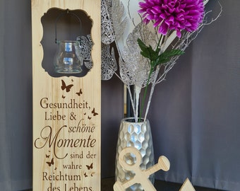 Wooden stand, wooden decorative sign, wooden sign, entrance sign with illuminated glass or solar lamp, health, love and beautiful moments