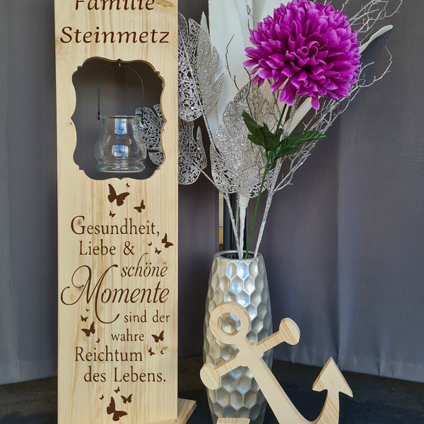 Holzaufsteller,  Holz Deko Schild  Holzschild Eingangsschild mit Leuchtglas oder Solarlampe, Gesundheit Liebe und schöne Momente