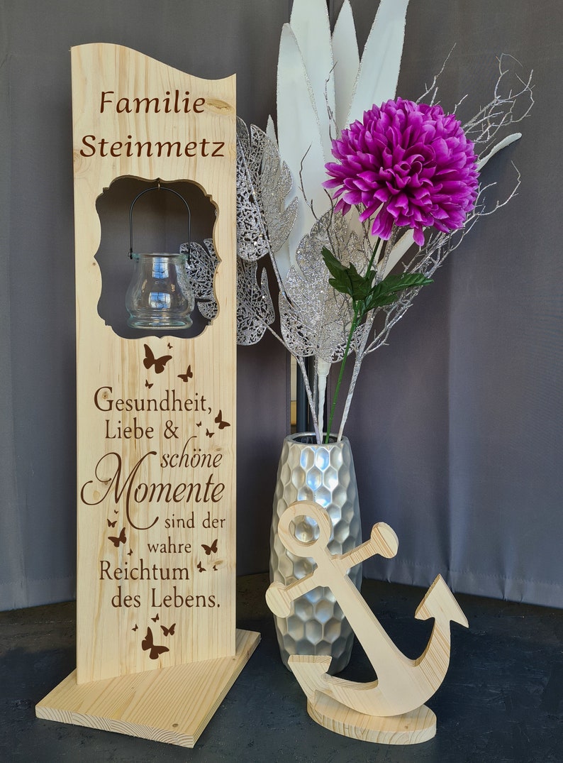 Holzaufsteller, Holz Deko Schild Holzschild Eingangsschild mit Leuchtglas oder Solarlampe, Gesundheit Liebe und schöne Momente Bild 1