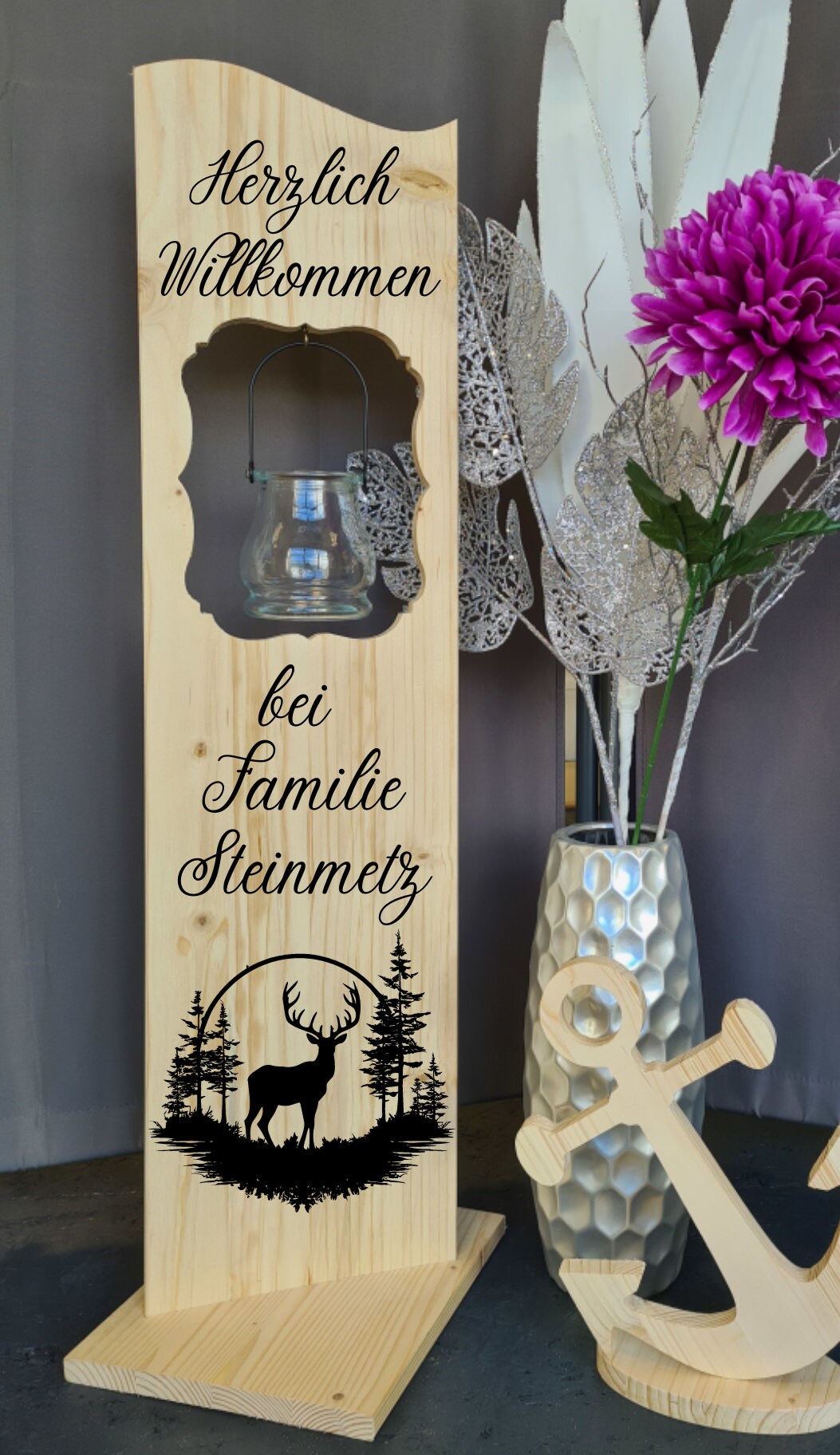 Herz-Schild „Hereingepirscht“ Mit Hirsch – 13x12 Cm, Shabby-Stil, Aus HDF