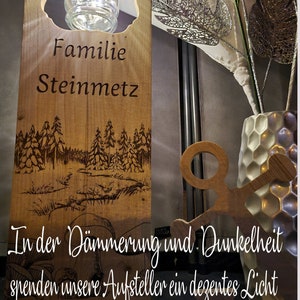 Holzaufsteller, Holz Deko Schild Holzschild Eingangsschild mit Leuchtglas oder Solarlampe, Gesundheit Liebe und schöne Momente Bild 2