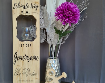 Holzaufsteller, Holz Deko Schild Holzschild Eingangsschild mit Leuchtglas oder Solarlampe, Zur Hochzeit ...der schönste Weg ist der...