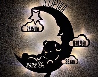 Schlummerlicht personalisiert Baby Holz Wand Mond Lampe mit Namen Geschenk zur Geburt Taufe Babyparty für Junge & Mädchen Batteriebetrieb