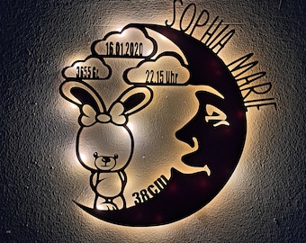 Schlummerlicht personalisiert Baby Holz Wand Mond Lampe mit Namen Geschenk zur Geburt Taufe Babyparty für Junge & Mädchen Batteriebetrieb