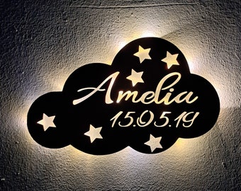 Schlummerlicht personalisiert Baby Holz Wand Wolken Lampe mit Namen Geschenk zur Geburt Taufe Babyparty für Junge  Mädchen Batteriebetrieb