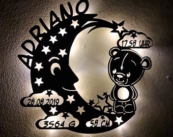 Schlummerlicht personalisiert Baby Holz Lampe Teddybär im Mond  Geschenk zur Geburt Taufe Babyparty für Junge & Mädchen