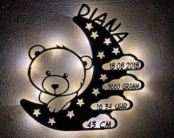 Schlummerlicht personalisiert Baby Holz Lampe Teddy im Mond  Geschenk zur Geburt Taufe Babyparty für Junge & Mädchen