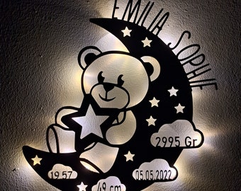 Schlummerlicht personalisiert Baby Holz Lampe Teddy im Mond  Geschenk zur Geburt Taufe Babyparty für Junge & Mädchen