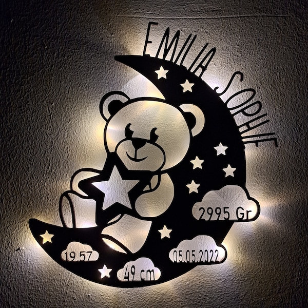 Schlummerlicht personalisiert Baby Holz Lampe Teddy im Mond  Geschenk zur Geburt Taufe Babyparty für Junge & Mädchen