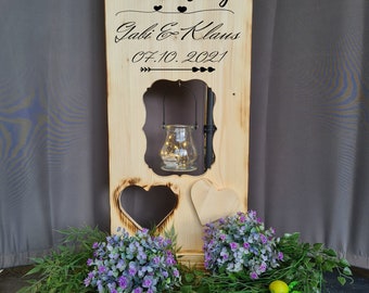 Holzaufsteller,  Holz Deko Schild  Holzschild Eingangsschild mit Leuchtglas oder Solarlampe, Zur Hochzeit Hand in Hand ein Leben lang