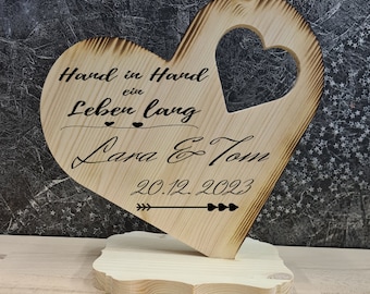 Holz Herz Hochzeit Verlobung Jahrestag Herz Geschenk Holz Gravur personalisiert Hand in Hand ein Leben lang