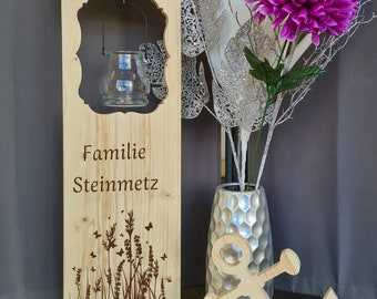 Holzaufsteller,  Holz Deko Schild Ostern  Holzschild Eingangsschild mit Leuchtglas oder Solarlampe, Wiese Willkommen bei