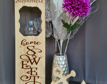 Holzaufsteller,  Holz Deko Schild  Holzschild Eingangsschild mit Leuchtglas oder Solarlampe, home sweet home