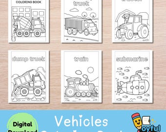 May include: A collection of six black and white coloring book pages featuring various vehicles. The pages include a cement mixer, delivery truck, tractor, dump truck, train, and submarine. The words "Vehicles Coloring Book" and "Digital Download" are also visible.