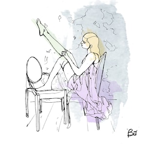 May include: A line drawing of a person sitting on a chair with a mirror beside them. The person is wearing a light purple dress and is putting on a stocking. The background is a watercolor wash of blue, green, and yellow.