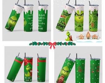 May include: Set of six green and white stainless steel tumblers with various Grinch-themed designs. The designs include the Grinch's face, the Grinch's words, and a Christmas tree.