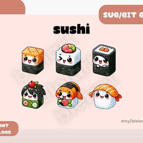 Sushi Subscriber Badges for Twitch | Sub and Bit Badges | Streamer Premade Emote | Twitch Discord | Cute Sushi Badges