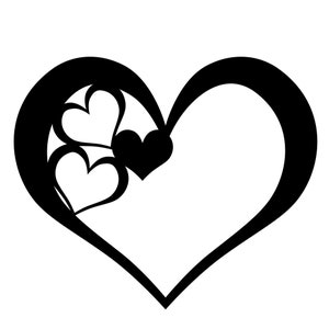 May include: A black heart with three smaller white hearts inside. The hearts are a symbol of love and affection.
