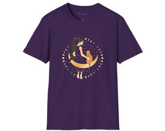 Moonlight Cat Graphic T-Shirt, Whimsical Unisex Tee