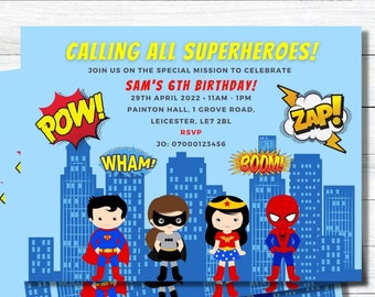 Superhero Birthday Party Invitations PACK OF 10, Superhero Birthday Invites, Personalised Printed Invites