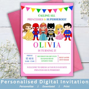 Princess Superhero Birthday Party Invitation: Personalised Invite (Digital Download)