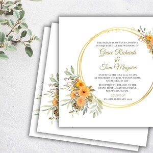 Invito a nozze floreale arancione, bellissimo invito a nozze elegante, file digitale stampabile personalizzato