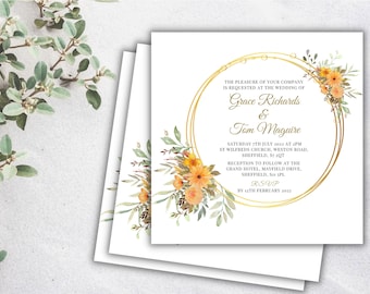 May include: A white wedding invitation with a gold circle frame and watercolor floral design. The text reads "The pleasure of your company is requested at the wedding of Grace Richards & Tom Maguire. Saturday 7th July 2022 at 2pm St Wilfreeds Church, Weston Road, Sheffield, S1 4QT. Reception to follow at the Grand Hotel, Mayfield Drive, Sheffield, S11 3PL. RSVP by 12th February 2022."