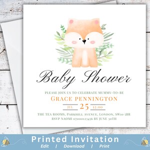 Schattige vos groen babyshower uitnodigingen genderneutraal babyshower uitnodigen dier babyshower bos thema GEDRUKT nodigt elegante stijl