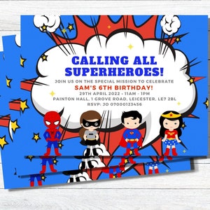 Blauwe superheld verjaardagsfeestje uitnodiging schattig kind superheld verjaardag uitnodigen Comic Book stijl gepersonaliseerde gedrukte uitnodigingen