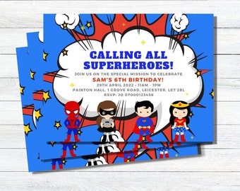 Blue Superhero Birthday Party Invitation Cute Child Superhero Birthday Invite Comic Book Style Personalised PRINTED Invites