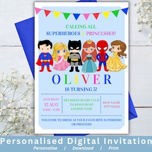 Superhero Princess Birthday Party Invitation: Personalised Invite (Digital Download)