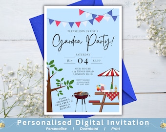 Gartenpartyeinladung, Grillpartyeinladung, Sommerpartyeinladung, personalisierte druckbare digitale Einladung