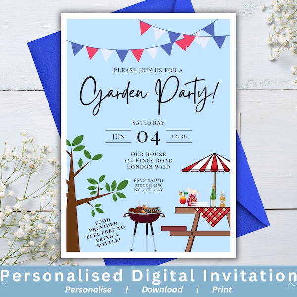 Garden Party Invitation, BBQ Invite, Summer Party Invite, Personalised Printable Digital Invite