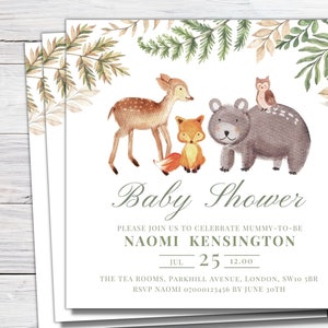 Schattig bosgroen baby shower uitnodiging genderneutraal dier baby shower herten Fox Bear uil bladeren gedrukt gepersonaliseerde uitnodiging