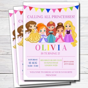 Invitation de fête d'anniversaire de princesse rose, fête à thème de princesse, princesse personnalisée, invitation imprimée, princesse colorée, invitation de fête de filles