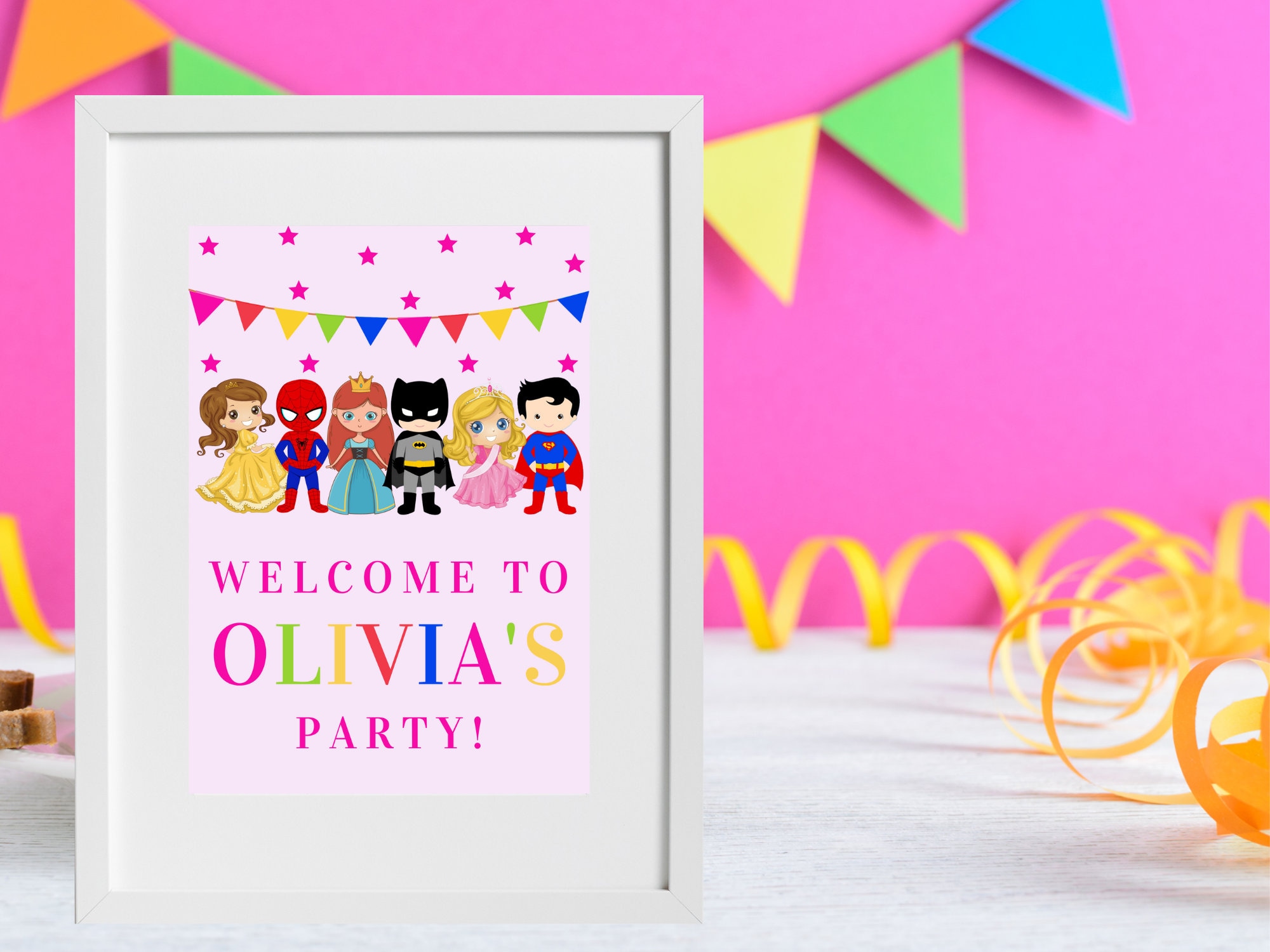 Pink Princesses Superheroes Birthday Party Sign Princess Superhero ...